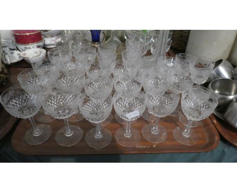 A Nice Quality Set of Etched and Cut Glass Sherries, Ports Together with Decanter 
