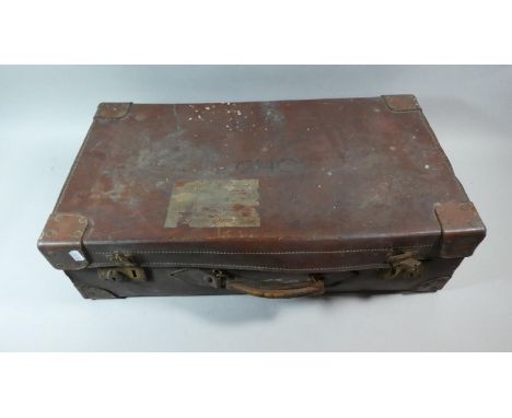 A Vintage Leather Suitcase, Hinged Lid Monogrammed O.H.P, 67cm Wide 