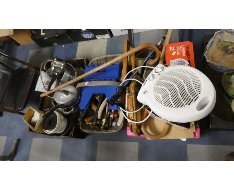 Three Boxes Containing Kitchenwares, Tools, Tennis Racket, Heaters etc 