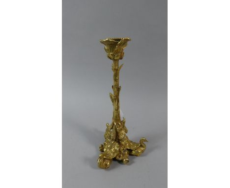 A Gilt Brass French Candle Stick of Naturalistic Form, the Tripod Base Supported on Three Ducks, 25cm High