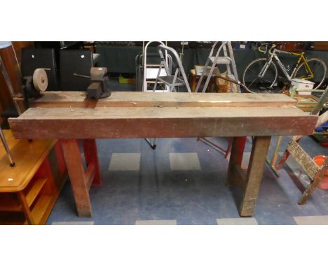 A Vintage Wooden Workshop Bench with Vice and Grindstone, 182cm Wide 