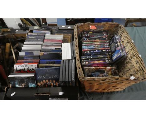 A Box of DVD's to Include West Wing Sets Together with a Wicker Basket Containing Doctor Who and Harry Potter Sets 