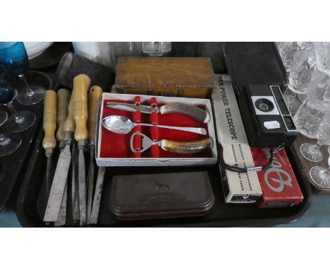 A Tray of Sundries to Include Woodturning Chisels, Cased Telescope, Dominoes, Camera, Wooden Box, Set of Vintage Darts etc 