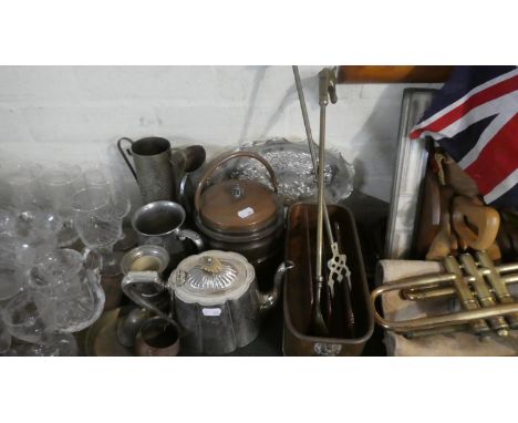 A Tray of Metalwares to Include Silver Plated Teapot, Copper Planter and Biscuit Barrel, Tankards Etc 