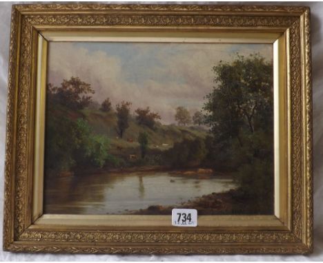 R. Miller Brown 1898 – Cattle beside the Tees near  Durham 9” x 11 ½ “ signed & dated      
