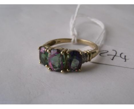 A three stone mystic topaz 9ct mounted  ring approx size 'P'       