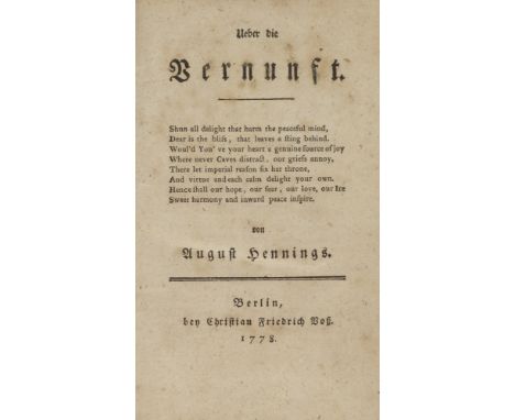 August Hennings. Ueber die Vernunft. Berlin, Christian Friedrich Voß, 1778. 262 S. Kl.-8°. Pp. d. Zt. mit Rotschnitt (beriebe