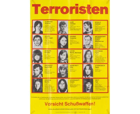RAF - - Terroristen. RAF-Fahndungsplakat. Wiesbaden, Bundeskriminialamt, 1980. Format ca. 83 x 59 cm. Mit Fahndungsphotos bek