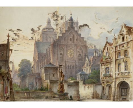 Goethe - - Johann Karl Jacob Gerst. 2 Original-Bühnenentwürfe für Goethes "Faust". 1838. Je Aquarell über Bleistiftzeichnung 