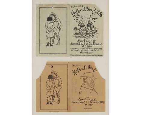 Heinrich Zille. Hofball bei Zille. Sammlung von zwei illustrierten Eintrittskarten, davon eine mit eh. Autogramm. 1926 und 19