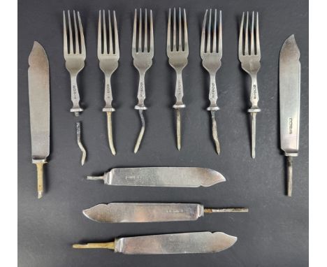 A set of six silver fish knife and fork blades and tines, by&nbsp;Harrison Brothers &amp; Howson, Sheffield 1929, 236g.