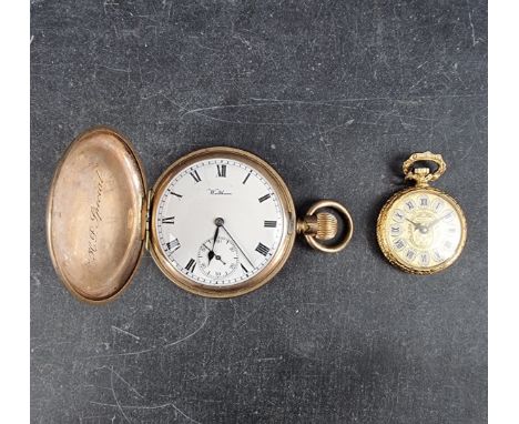A Waltham gold plated hunter cased stem wind pocket watch, 50mm, movement No. 17413878, engraved presentation to front cover,