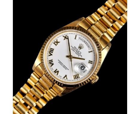 A circa 1990 Rolex 'Day-Date' 18ct gold automatic wristwatch, 36mm, Ref. 18238, case back Ref. 18200, Cal. 3155, Serial No. 5