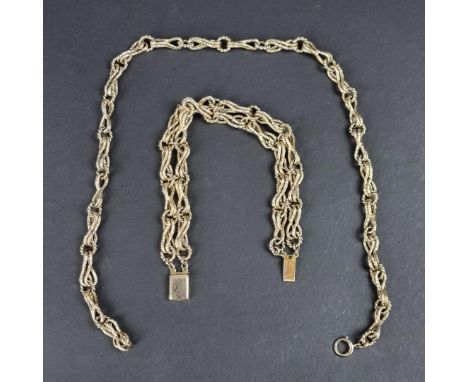 A yellow metal textured crossover link necklace,&nbsp;the clasp stamped '375', 39cm; together with a matching double link bra