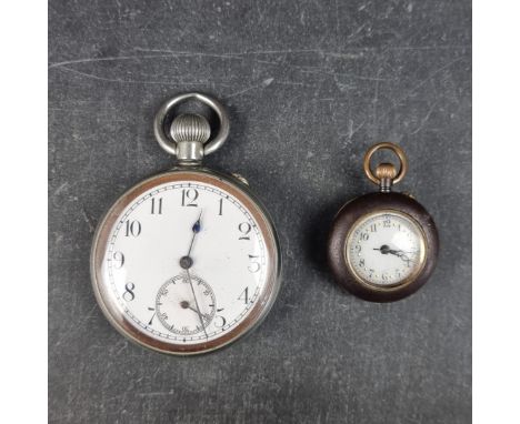 A Swiss nickel plated stem wind pocket watch, 48mm, in J W Benson fitted case; together with a 19th century base metal fob wa