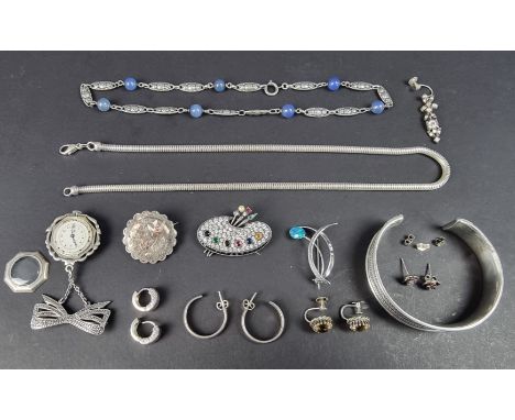 A small quantity of silver and .925 jewellery; together with a vintage Bucherer fob watch, stamped with Swiss silver marks; a
