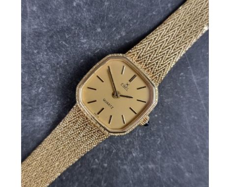 An Ebel 18ct gold quartz ladies wristwatch, 20mm, Ref. 879506, on original integrated 18ct gold bracelet.