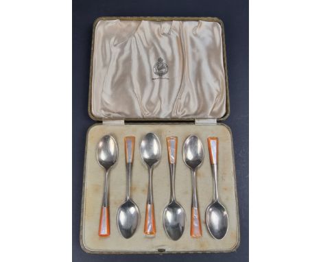 A cased set of six Art Deco silver and mother-of-pearl coffee spoons, by W Hutton &amp; Sons Ltd, Sheffield 1930.