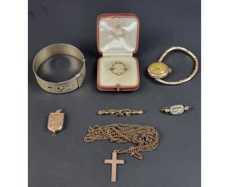 A yellow metal amethyst and pearl bar brooch, stamped 9ct, 48mm; together with a 9ct gold front and back locket; a yellow met