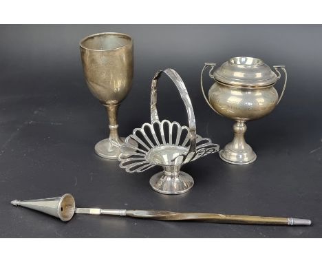 Two silver trophy cups; together with a silver bonbon basket; and one other item, 252g. (4)