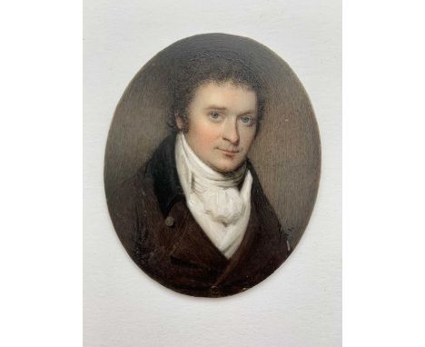 Portrait MiniatureA finely painted portrait on ivory of a gentleman in brown coat and white cravat, indistinctly initialled '