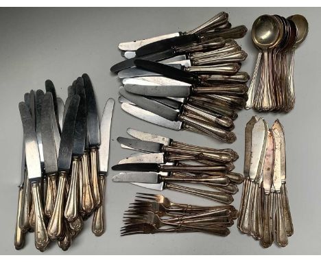 An epns collection by S Hart &amp; Co Sheffield comprising 18 soup spoons, 8 fish forks, 12 fish knives, 30 table knives with