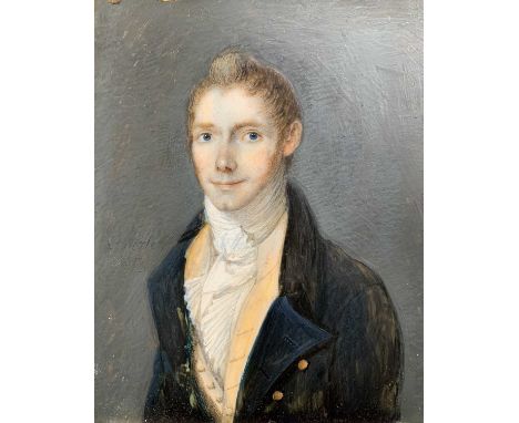 Portrait miniaturePortrait of a fair young gentleman in dark blue coat and white cravat.Watercolour on ivory, mounted within 