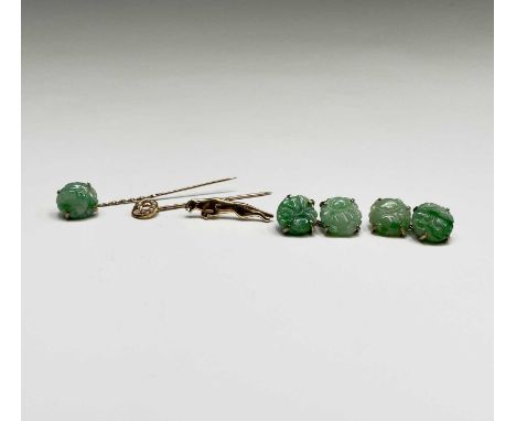 A pair of 9ct gold mounted jade cufflinks Birminghan 1987 Head diameter 13.2mm and a matching 9ct tiepin together with one ot