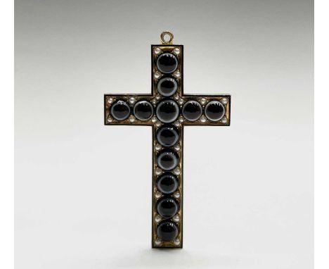 A Victorian gold cross of exceptional quality set with banded agate and pearls within a black enamel border, 67.55 maximum he