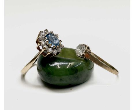 A jade ring Size P and two gold rings set with stones Size S and TCondition report: The jade ring is in good used condition, 