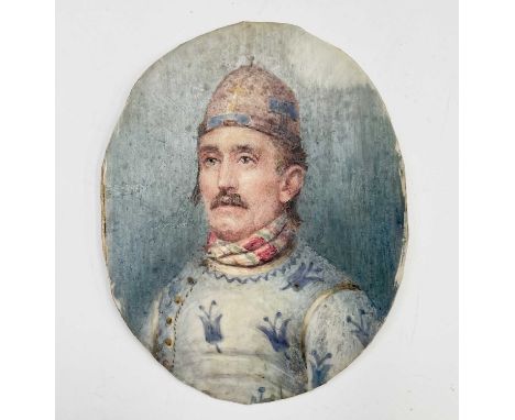 Portrait miniaturePortrait of a man in a white tunic with a blue, stylised fleaur de lis-type motif.Possibly a Christian East
