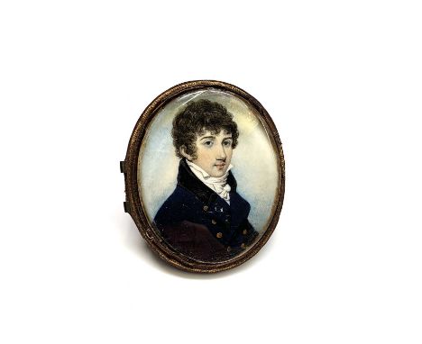 Portrait miniatureFine early 19th century portrait of a young gentleman in blue coat and white cravat.Watercolour on ivory wi