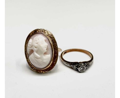 A 10ct cameo set ring Size J 3.6gm and a 9ct diamond solitaire ring Size K 1.8gm