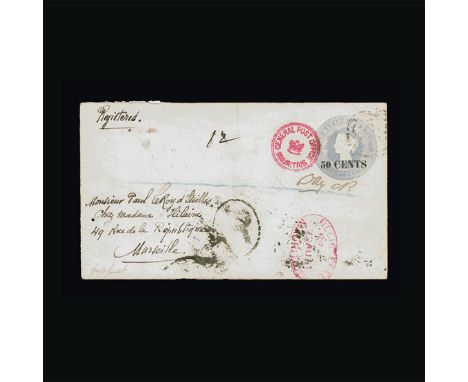 Mauritius : 1891 Postal Stationery envelope surcharged 50c. on 1878 8c. Pale grey (H & G milky blue) hexagonal frame type aro