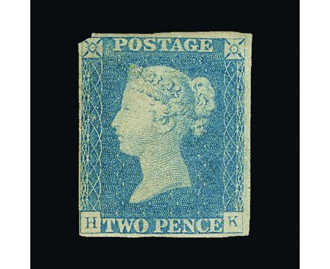 Great Britain - QV (line engraved) : (SG (6)) 1840 2d milky blue, plate 1, HK, 4 margins except clipped NW corner, slight gum