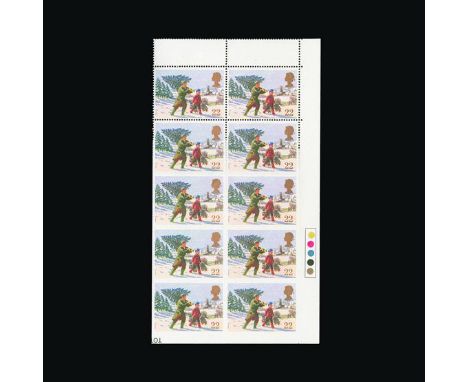 Great Britain - QEII (decimal) : (SG 1527a) 1990 Christmas 22p, lower right traffic light block of 10 (2 x 5), the lower 4 st