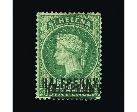 St. Helena : (SG 34ba) 1884 QV Crown CA ½d on 6d emerald with part original gum showing DOUBLE SURCHARGE - ONE WITH N Y SPACE