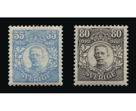 Sweden : (SG 82 & 84) 1918 King Gustav V 55o. light blue and 80o. black Varnamo issue, superb mint with Wahl (2004)and Rendon