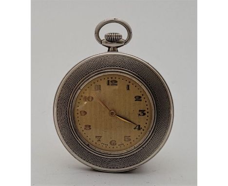 An Art Deco sterling silver open-faced pocket watch, crown wind, having gilt metal engine turned Arabic numeral dial, 45mm si