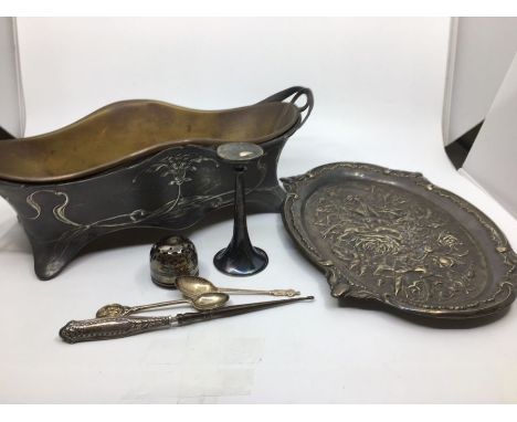 A collection of white metal items, to include: an Art Nouveau pewter planter with brass liner, a silver plated tray and other