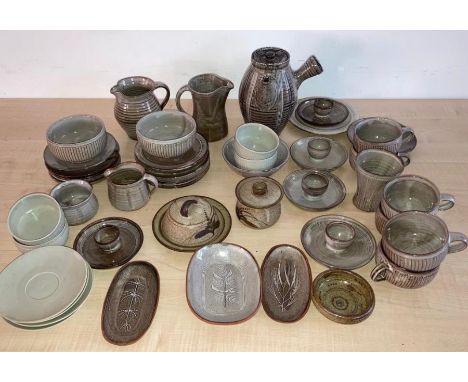 David Leach (1911-2005) fluted stoneware tea service items together with celadon glaze teaware (no seal) and studio pottery i