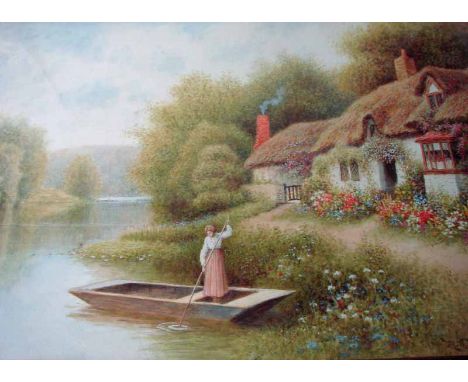 R Thornton (British 19th/20th century), Riverside Landscape with Thatched Cottage and Woman in a print, signed 54cm by 89cm 