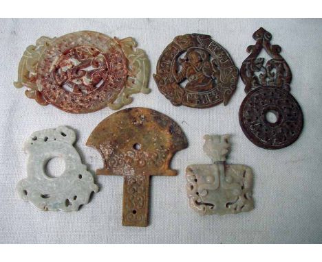 A collection of six Chinese jade/hardstone Bi, each with pierced decoration featuring figures and mythical creatures, 6.5cm-1