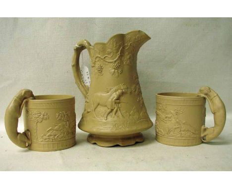 A mid 19th century Cobridge Ranger stoneware hunting jug by Edward Walley, moulded with scene of a huntsman with dogs and sho
