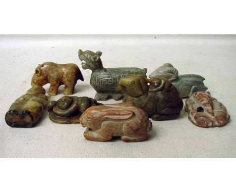 A collection of eight Chinese jade/hardstone Funerary figures including a holy man, hippo, rabbit, goat, horse and others, 5c