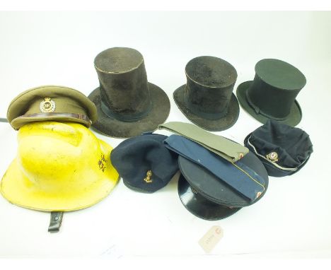 A 19th Century high topped hat, probably Welsh, together with a further conventional top hat, a collapsible top hat, (general