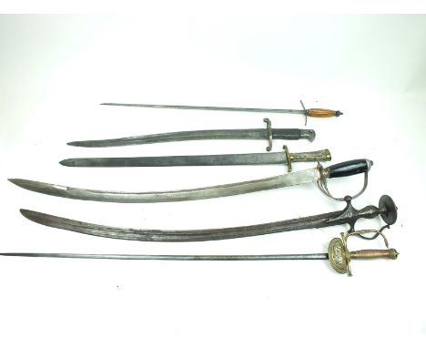 A Tulwar, 78.5cm fullered curved blade, characteristic hilt with overlaid white metal foliate decoration, together with a com
