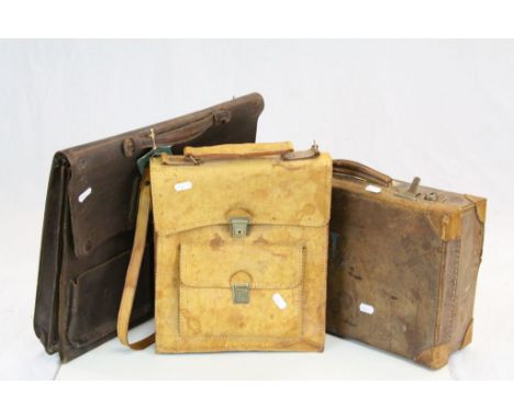 Two vintage Leather Satchel type bags and a small Leather Suitcase with "Smith's Trunk Stores" label to interior, measures ap