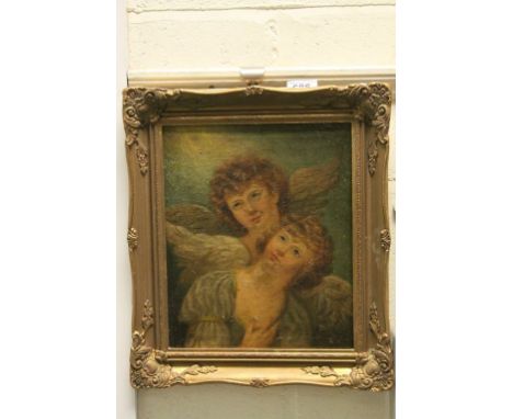 Oil on Canvas Gilt Framed Portrait of Two Angel Figures