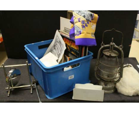Collection of Mixed Items including Star No. 111 Storm Lamp, Fur Bag, Silver Plated Gong and Striker, Three Tier Chandelier w